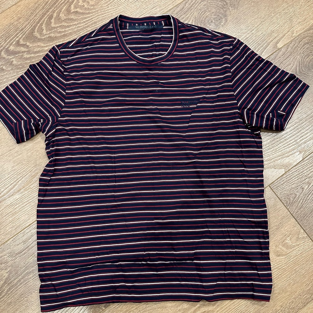 Vintage Valentino Jeans Stripped Tshirt navy blue red and white